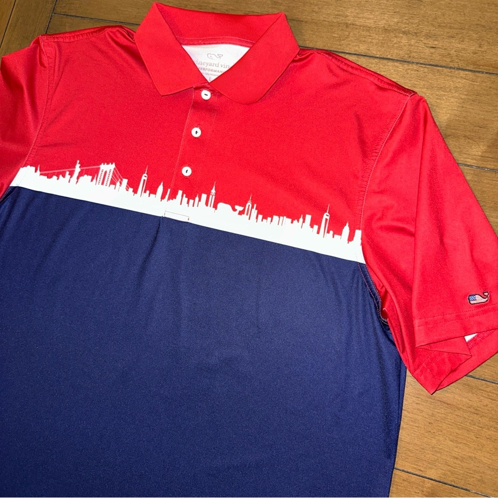 Vineyard Vines Mens Large Performance Polo Shirt NYC Skyline USA Red Blue  Golf